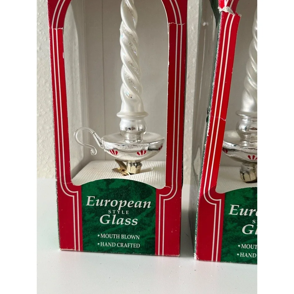Christmas Ornament Candlestick European Hand Blown Glass Clip On Figural‎ Set 2